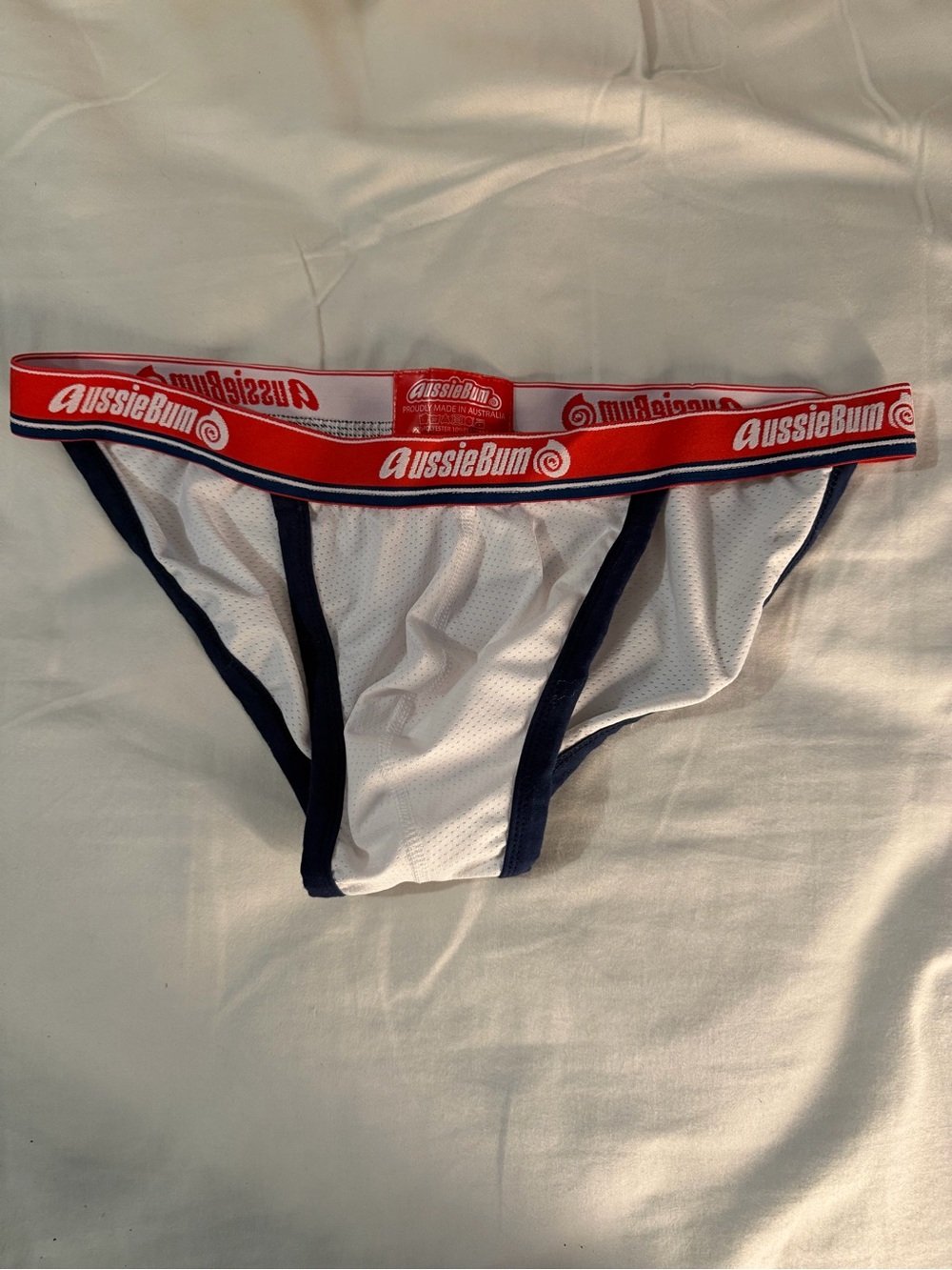 AussieBum Men's White Mesh Brief with Red Waistband